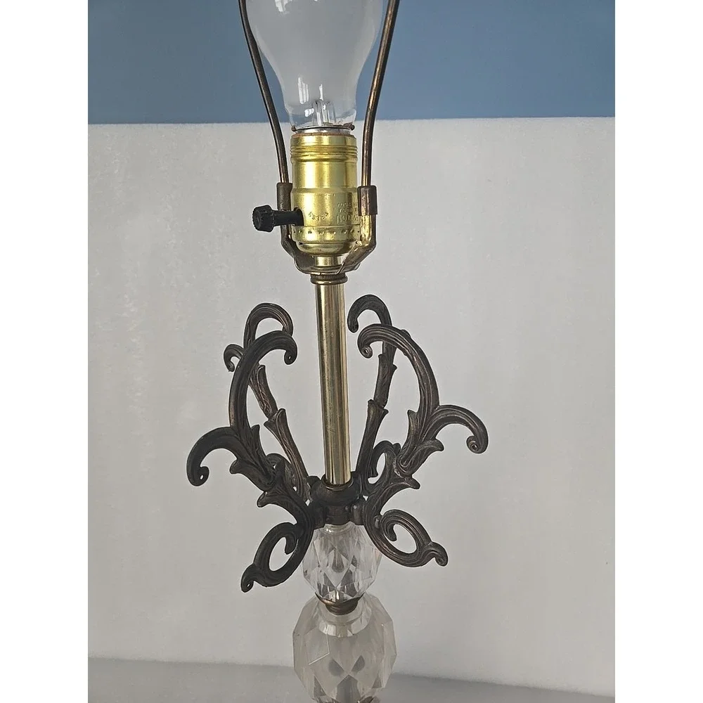 Vtg Hollywood‎ Regency Lamp Bronze Scrolls Marble Base Crystal Glass Belly 1970s